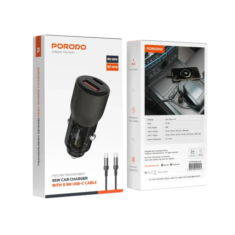Porodo 95W Car Charger Transparent With 0.9M USB -C Cable