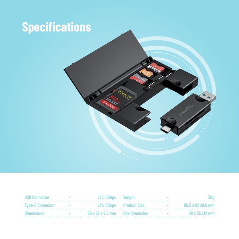 Porodo Blue 2-in-1 Card Reader with Card Holder